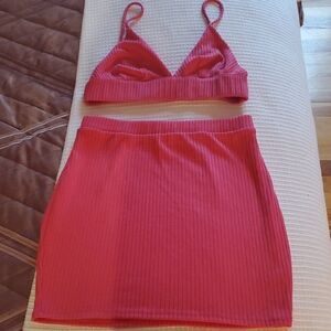 Silence + Noise Coral Ribbed Top And Bodycon Mini Skirt.